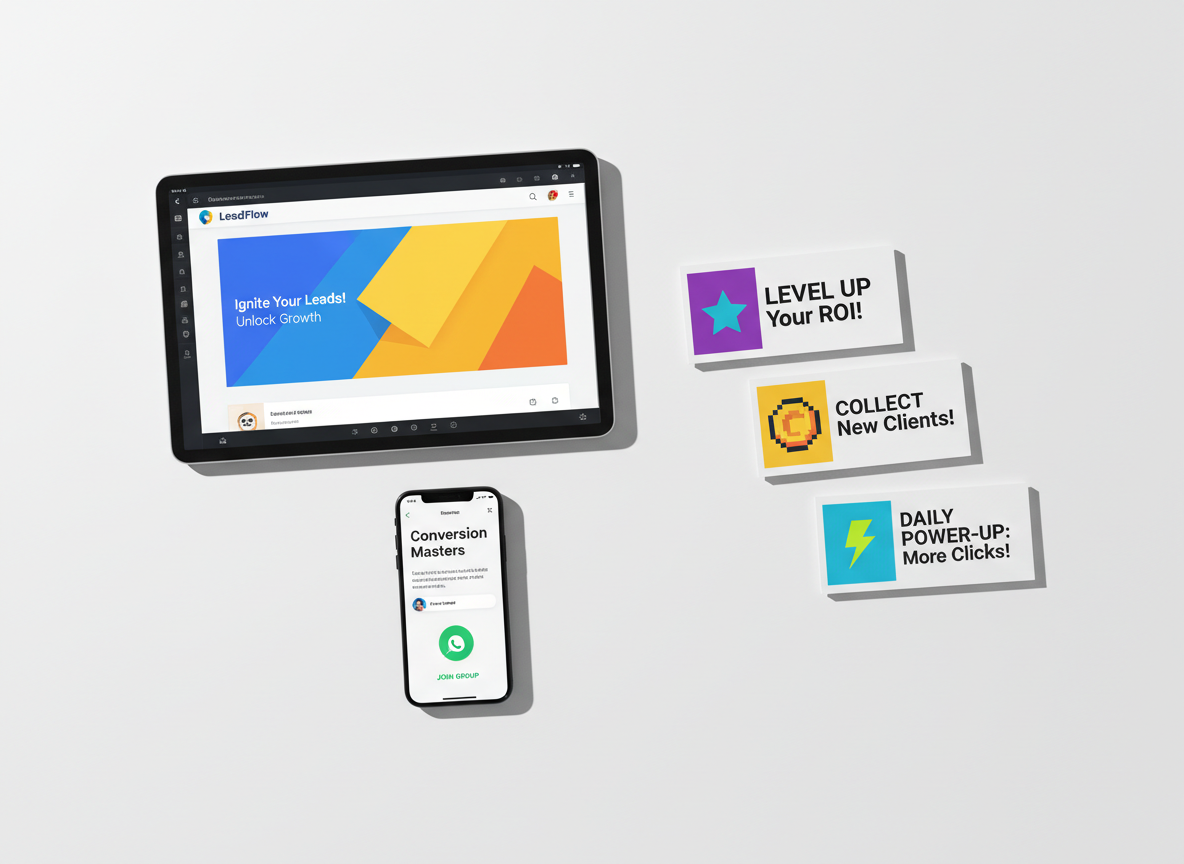 A meticulously arranged flat lay of digital marketing elements on a smooth, matte white surface: a tablet showing a Canva promotion template, a smartphone screen with an open WhatsApp group invite featuring a bright green join button, and printed mockups of game-style engagement posts with bold typography and saturated accent colors. Strong, directional lighting from the right creates crisp, geometric shadows of each object, introducing depth while keeping the scene clean and uncluttered. Photographic realism with a top-down composition emphasizes structure and clarity. The overall atmosphere is energetic and modern, perfectly embodying a professional graphic design agency focused on lead generation and high-conversion visual assets.