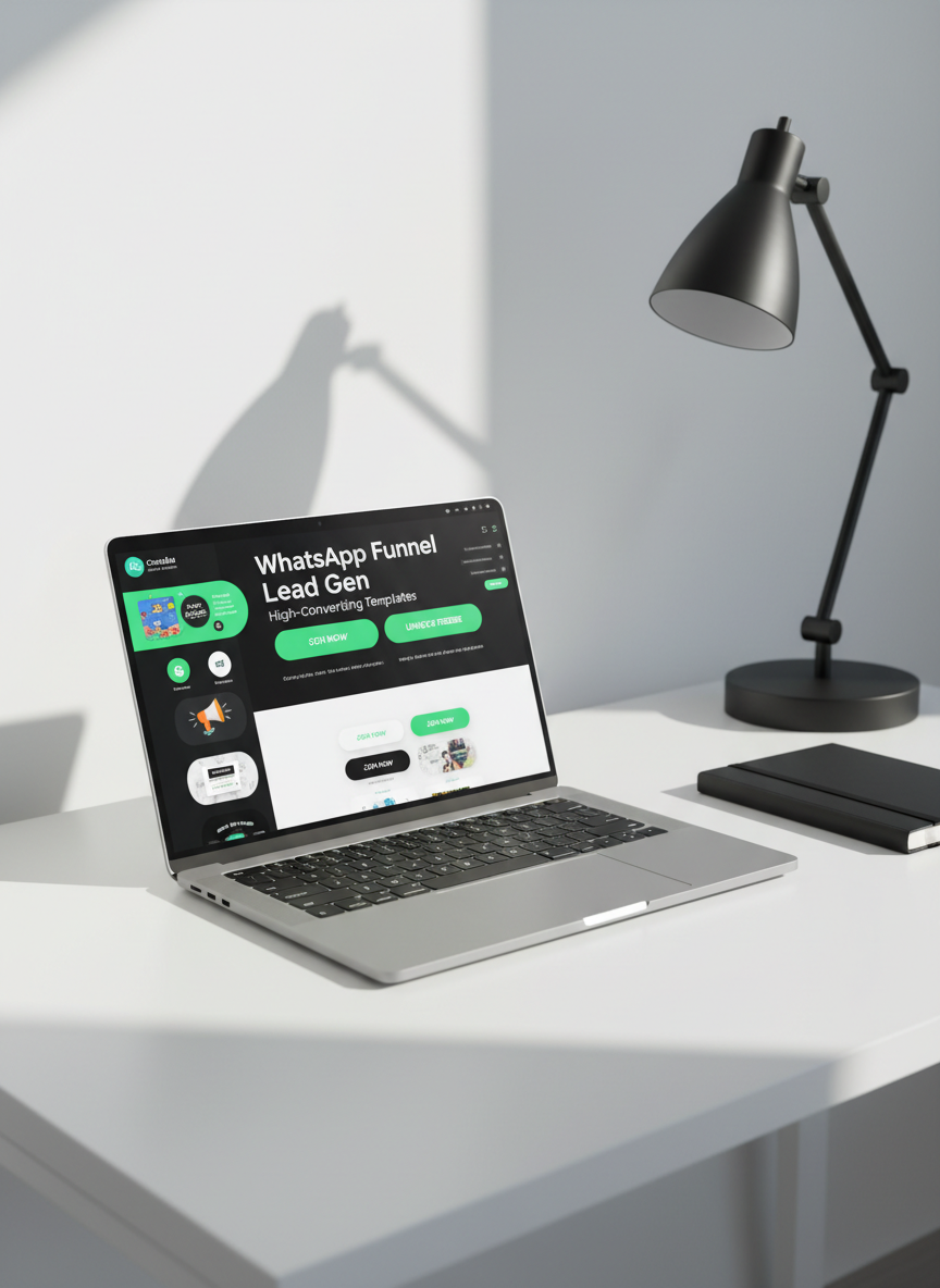 A powerful close-up of a slim, metallic laptop on a spotless white desk, its screen filled edge-to-edge with a Canva dashboard showing a bold WhatsApp lead-generation funnel: bright green buttons, sharp typography, and eye-catching thumbnails for promotion and game templates. The rest of the desk holds only a black notebook and a single geometric desk lamp. The lamp projects sharp directional light from the top left, casting crisp angular shadows and creating strong contrast on the minimalist white background. Photographic realism with a shallow depth of field keeps the screen in razor-sharp focus while the edges soften slightly. The mood is decisive, professional, and optimized for results, embodying a high-conversion design studio.