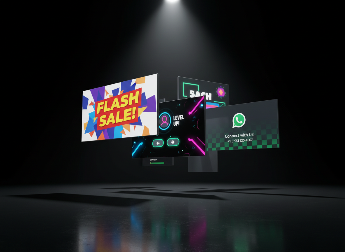 An abstract, three-dimensional composition of floating rectangular panels, each panel displaying a different Canva-style graphic: a bold sales banner, an interactive game layout, a WhatsApp contact card, all rendered with vivid colors on crisp white and deep black backgrounds. The panels hover above a reflective black floor in a dark studio environment, with a single intense spotlight from above and slightly to the side, creating dramatic highlights on panel edges and long, sharp shadows on the floor. The camera is positioned at a low angle looking upward, emphasizing power and scale. The photographic, hyper-real style and minimalist surroundings create a futuristic, bold atmosphere that visually represents a dynamic, professional design agency.