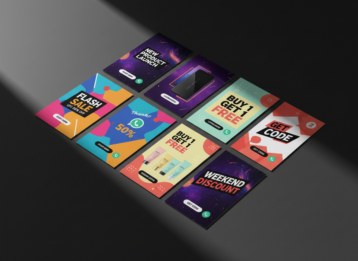 A collection of high-impact promotional designs laid flat on a matte charcoal surface, each print showing bold, colorful layouts for sales, discounts, and product launches created in Canva, with clear WhatsApp icons and call-to-action buttons. The printed cards have a luxurious, slightly textured finish, edges perfectly aligned in a dynamic grid. A single shaft of strong side light from the left casts precise, graphic shadows between the cards, enhancing depth and contrast. The background is a minimalist dark gradient fading into black, keeping all attention on the designs. Captured from a slightly elevated, almost top-down angle with sharp focus across the frame, the photographic style feels bold, clean, and conversion-driven.