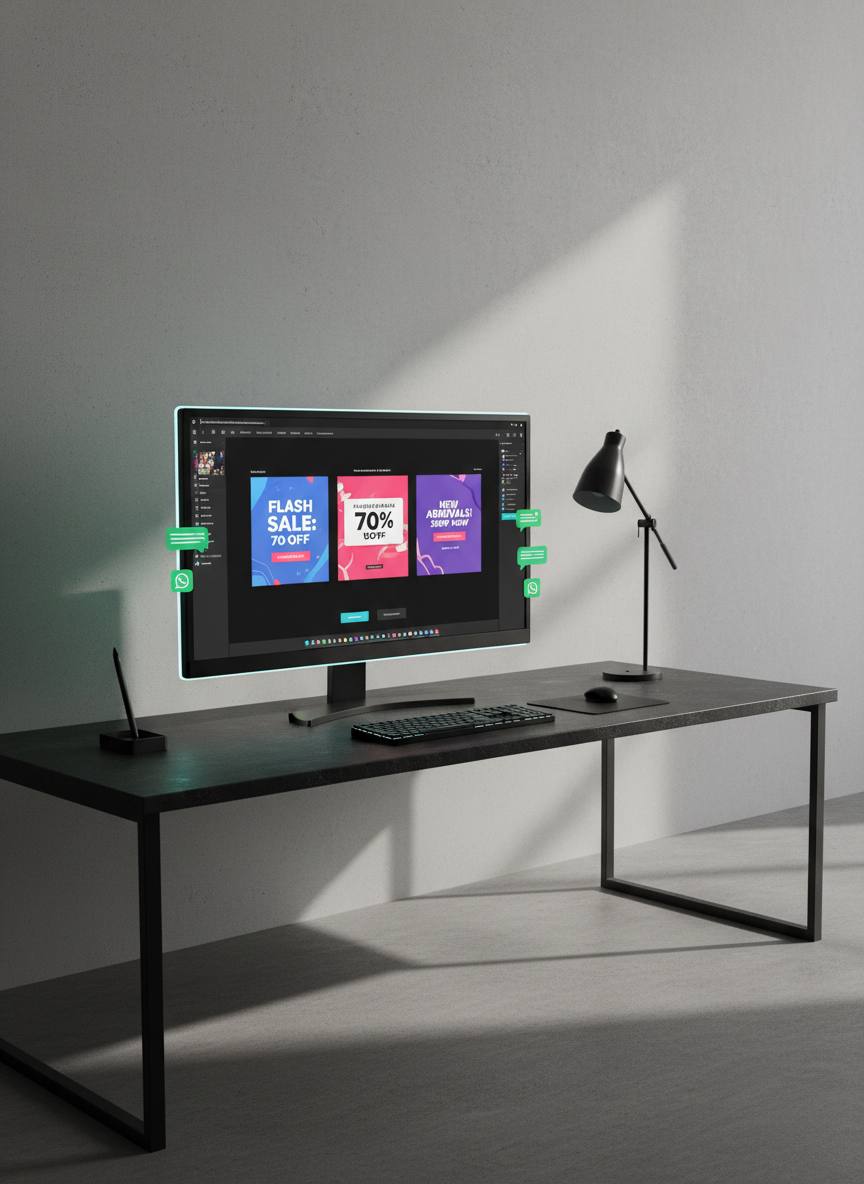 A sleek, ultra-modern graphic designer’s workspace without any human presence, featuring a large, frameless 3D monitor displaying a bold Canva interface with vibrant sales banners and WhatsApp chat icons in vivid green. The monitor sits on a matte black desk with a subtle texture, against a smooth concrete wall in soft gray. Intense, directional studio lighting from the right creates crisp shadows of the monitor and desk accessories, emphasizing sharp edges and clean lines. The background remains minimalist and uncluttered, enhancing the sense of focus and professionalism. Shot at eye level with photographic realism, the composition uses the rule of thirds, with the glowing screen as the dominant focal point, projecting a powerful, high-conversion, creative agency atmosphere.