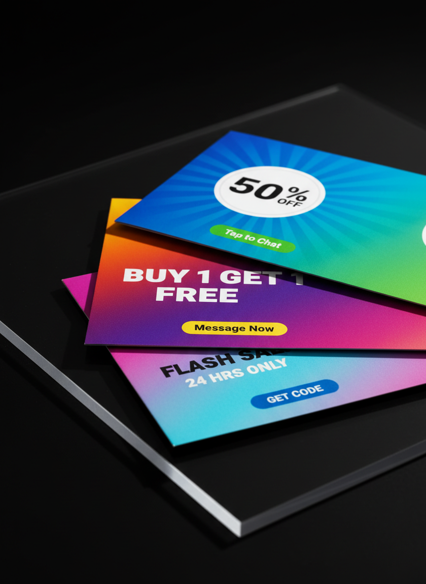 A dramatic, close-up shot of a stack of premium marketing flyers fanned out on a matte black acrylic surface, each flyer displaying a different bold promotion designed for WhatsApp campaigns: striking gradients, large discount numbers, and clear CTA buttons. The paper has a silky, semi-gloss finish that catches a narrow, high-contrast beam of light from the left, producing sharp, elegant reflections and distinct shadows between the layers. The minimalist background fades into deep black, eliminating distractions. Captured in photographic realism from a low, side angle, the composition highlights thickness, edges, and color intensity, evoking a sense of precision, professionalism, and conversion-oriented graphic design craftsmanship.