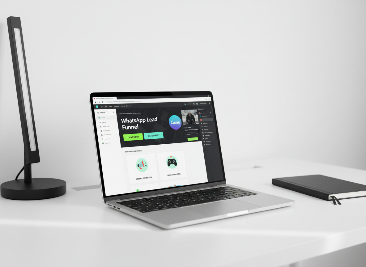 A powerful close-up of a slim, metallic laptop on a spotless white desk, its screen filled edge-to-edge with a Canva dashboard showing a bold WhatsApp lead-generation funnel: bright green buttons, sharp typography, and eye-catching thumbnails for promotion and game templates. The rest of the desk holds only a black notebook and a single geometric desk lamp. The lamp projects sharp directional light from the top left, casting crisp angular shadows and creating strong contrast on the minimalist white background. Photographic realism with a shallow depth of field keeps the screen in razor-sharp focus while the edges soften slightly. The mood is decisive, professional, and optimized for results, embodying a high-conversion design studio.