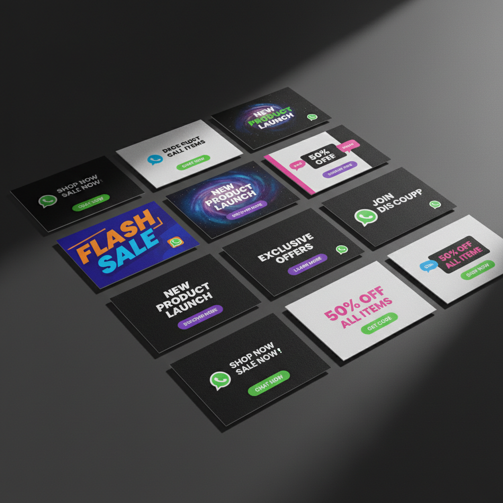 A collection of high-impact promotional designs laid flat on a matte charcoal surface, each print showing bold, colorful layouts for sales, discounts, and product launches created in Canva, with clear WhatsApp icons and call-to-action buttons. The printed cards have a luxurious, slightly textured finish, edges perfectly aligned in a dynamic grid. A single shaft of strong side light from the left casts precise, graphic shadows between the cards, enhancing depth and contrast. The background is a minimalist dark gradient fading into black, keeping all attention on the designs. Captured from a slightly elevated, almost top-down angle with sharp focus across the frame, the photographic style feels bold, clean, and conversion-driven.
