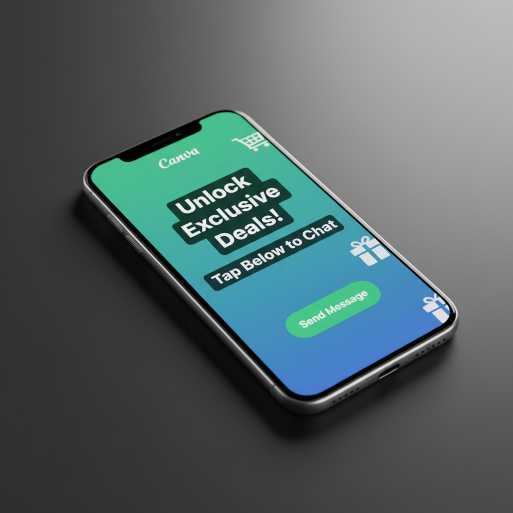 A photorealistic close-up of a smartphone lying diagonally on a smooth, dark graphite surface, its screen glowing with a bold WhatsApp-based lead capture design created in Canva. The interface features a striking green message button, sharp white text, and vibrant promotional graphics that dominate the display. A single strong light source from the top right creates a bright highlight along the phone’s metal frame and casts a long, crisp shadow across the minimalist background. The scene is shot from a slightly elevated angle with shallow depth of field, keeping the phone in perfect focus while the surrounding surface gently blurs. The mood is bold, modern, and laser-focused on high-conversion communication.